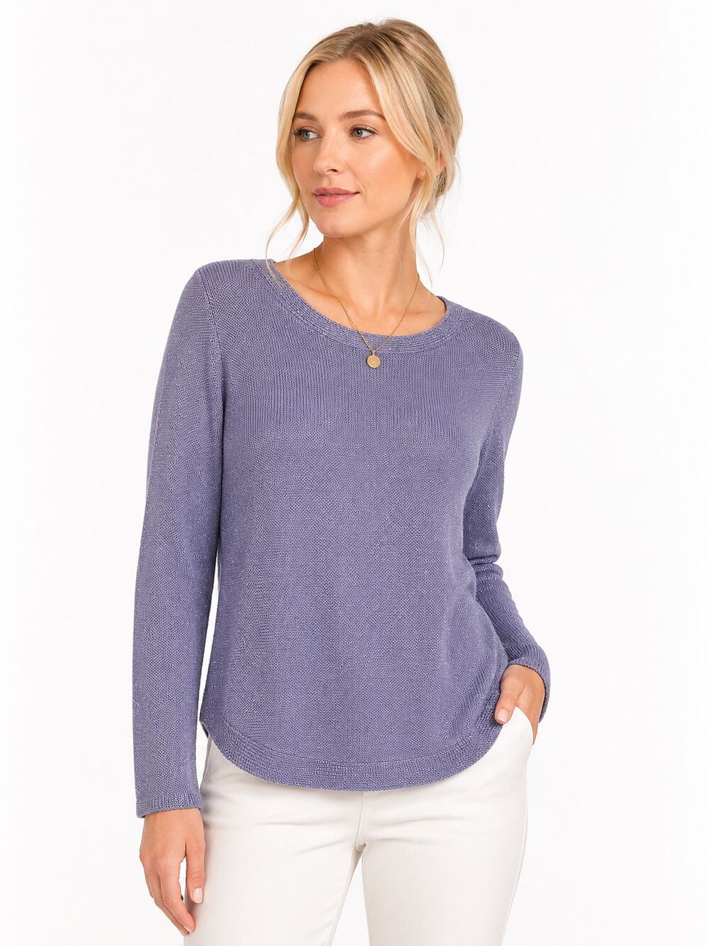 LR4101 Chicos Size 3 Lavender Metallic Knit Sweater Long Sleeve Pullover